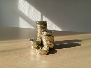 Close-up of coins on table