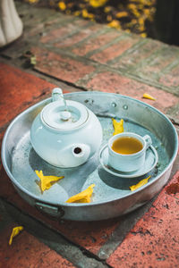 High angle view of tea cup on table