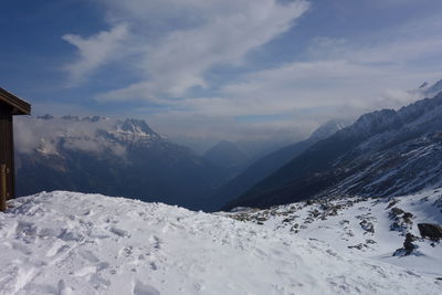 Scenic view of snowcapped mountains against sky