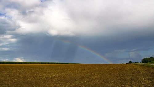 Scenic view of field against rainbow in sky