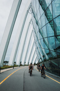People riding bicycle on road in city