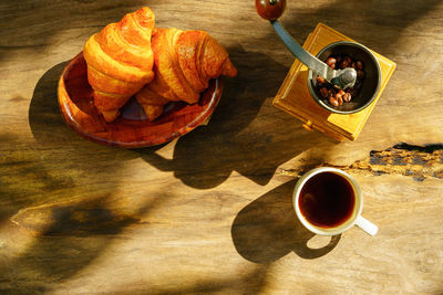 High angle view of coffee cup on table