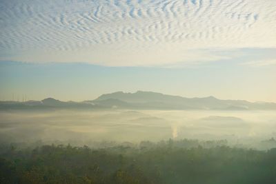 High angle view of landscape against sky during sunset