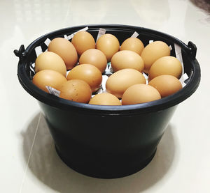 High angle view of eggs in container