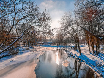 Bare trees by canal against sky during winter