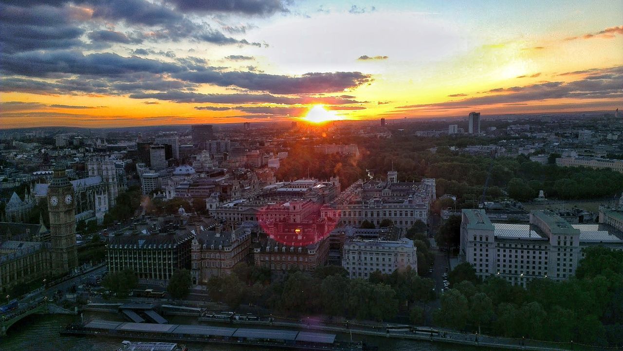 HIGH ANGLE VIEW OF CITYSCAPE DURING SUNSET