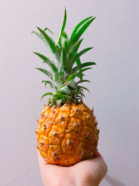 Cropped image of person holding pineapple against wall