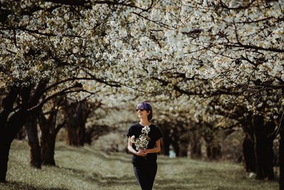 Full length of woman standing on cherry blossom