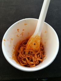 High angle view of noodles in bowl on table