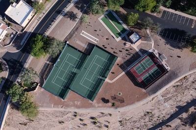 High angle view of hot air balloons on land