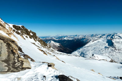 Scenic view of snow covered mountains against clear sky