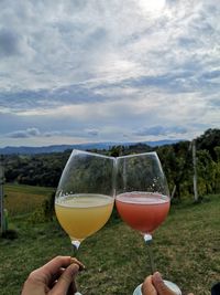 Midsection of person holding drink against sky