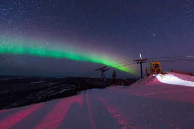 Scenic view of snow covered mountains against sky at night