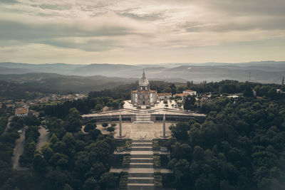 High angle view of historic building against sky