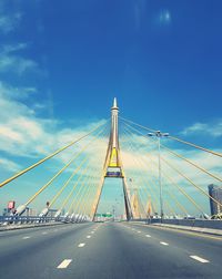 View of suspension bridge against blue sky