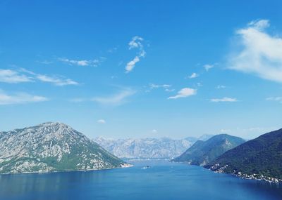 Scenic view of sea and mountains against sky