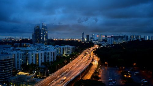 High angle view of illuminated buildings at night