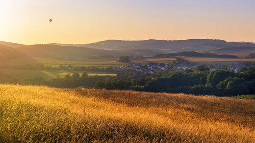 Panoramic view of golden grass, countryside and sun setting over rolling hills