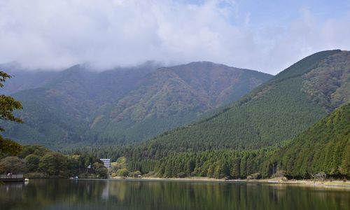 Scenic view of lake and mountains against sky