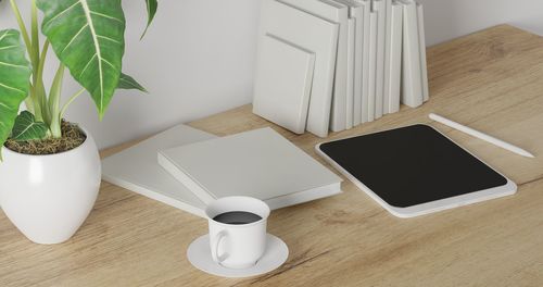 High angle view of laptop on table at home