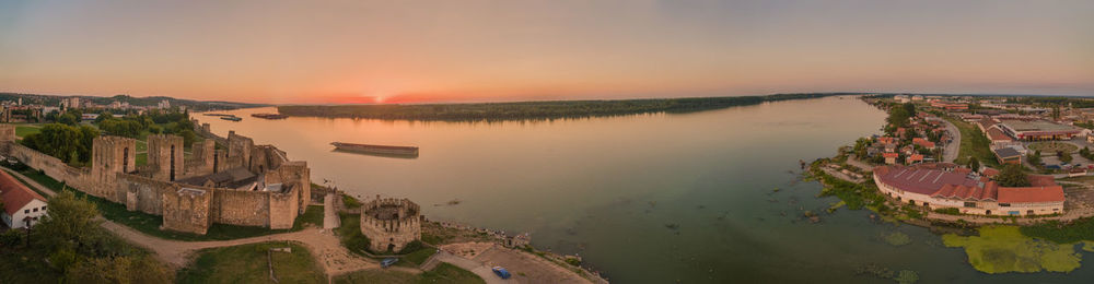 High angle view of river at sunset