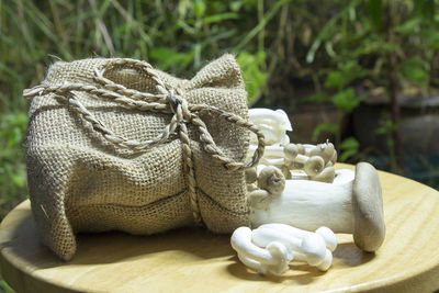 Bunch of mushrooms in knitted bag on wooden table