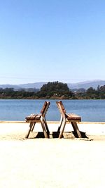 Scenic view of lake against clear blue sky