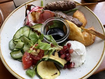 High angle view of salad in plate on table