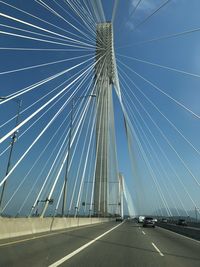 Low angle view of suspension bridge against sky
