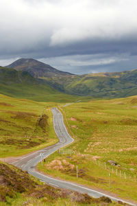 High angle view of winding road on landscape against sky