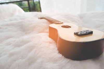 Close-up of guitar on white fur