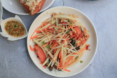 High angle view of food in plate on table