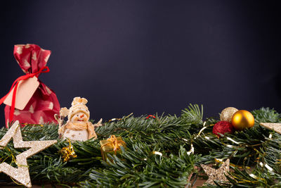 Close-up of christmas decoration on plant against black background