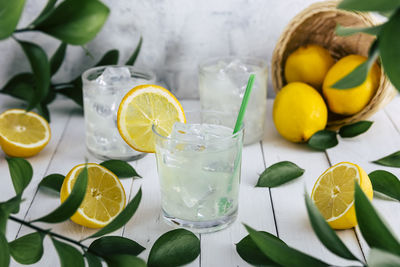 Lemon soda glasses with ice on a table at an outdoor picnic in nature