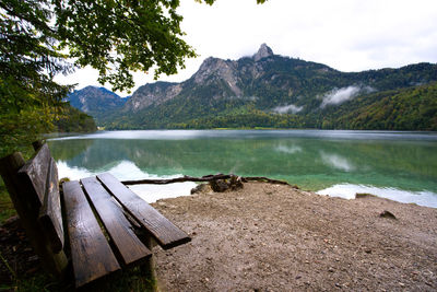 Scenic view of lake by mountains against sky