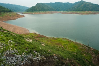 Scenic view of lake and mountains against sky