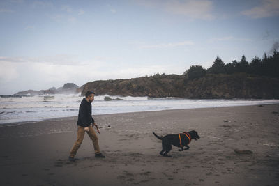 A man is playing with a dog on the californian beach