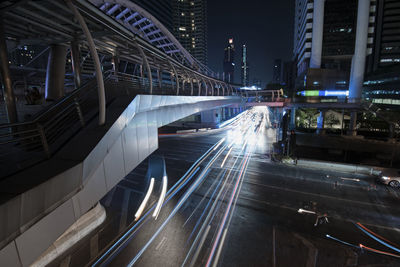 High angle view of light trails on road in city