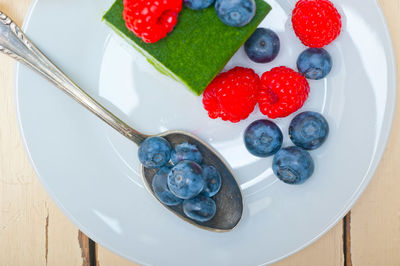 High angle view of dessert in plate on table
