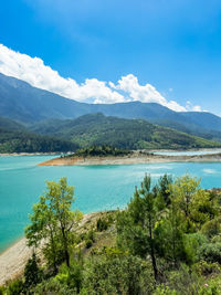 Scenic view of sea and mountains against sky