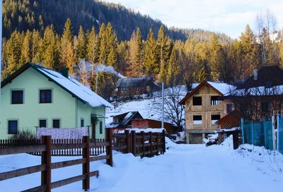 Houses on snow covered field by buildings and trees against sky