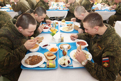 High angle view of people eating food