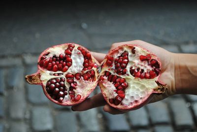 Close-up of hand holding pomegranate