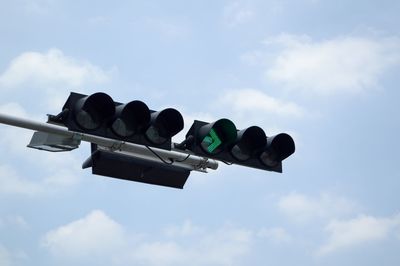 Low angle view of road sign against sky