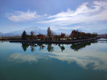 Reflection of trees in lake against sky
