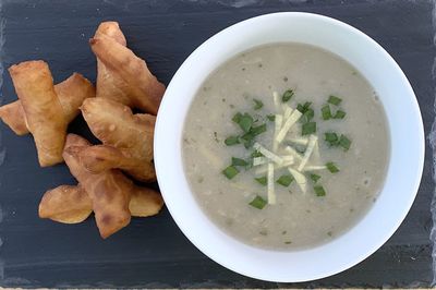 High angle view of soup in bowl on table
