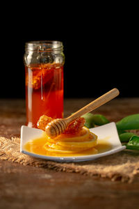 Close-up of juice in glass on table