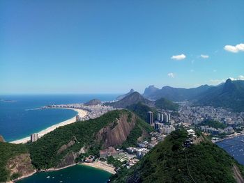 Aerial view of city by sea against clear blue sky