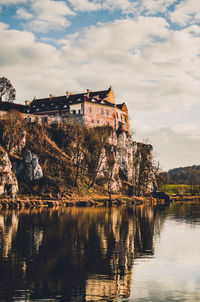 Reflection of buildings in lake against sky