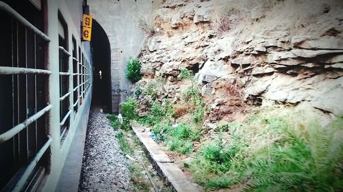 Narrow walkway along walls